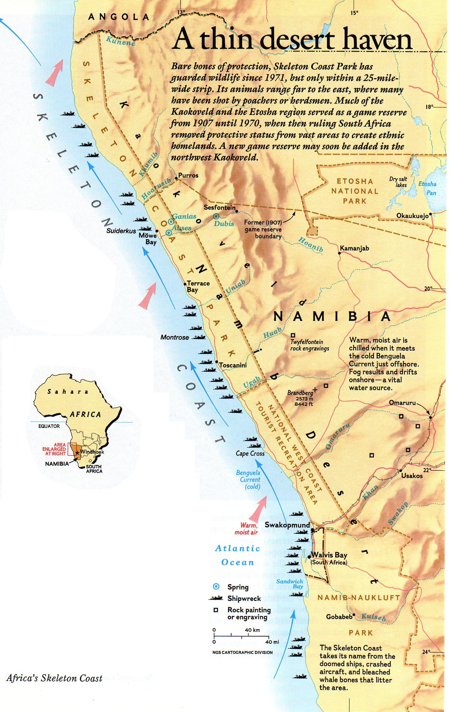 Carte de la partie Nord-Ouest de la Namibie, situant le Parc National d'Etosha.